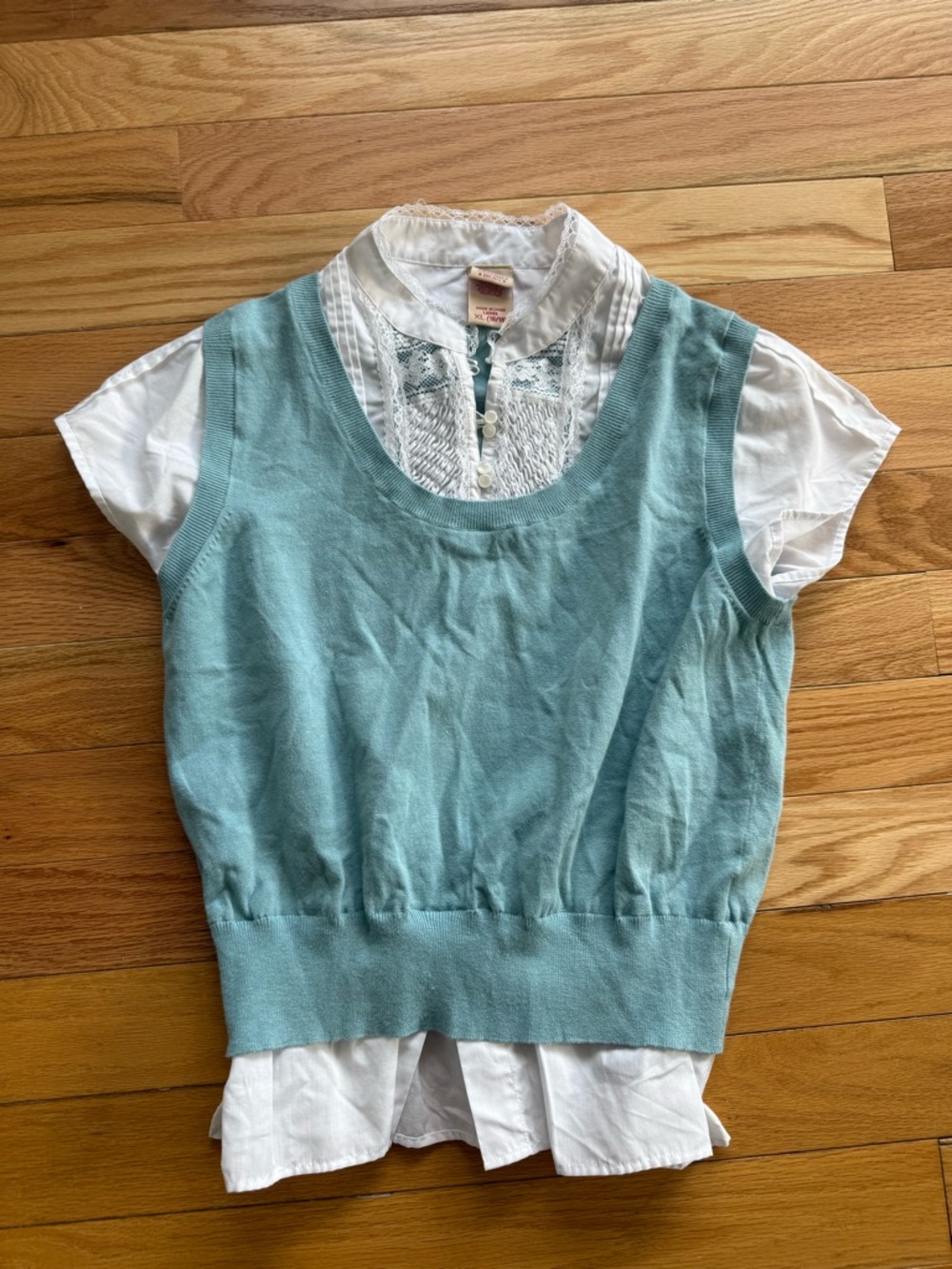Light Blue Layered Knit top with White Blouse - Women's Top